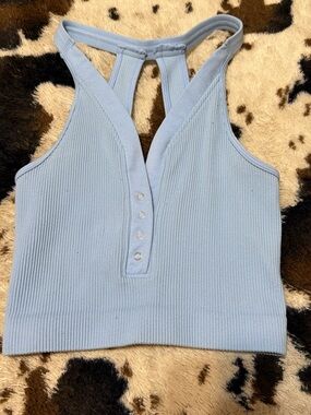 Zenana Outfitters Light Blue Ribbed Snap-Front Racerback Crop